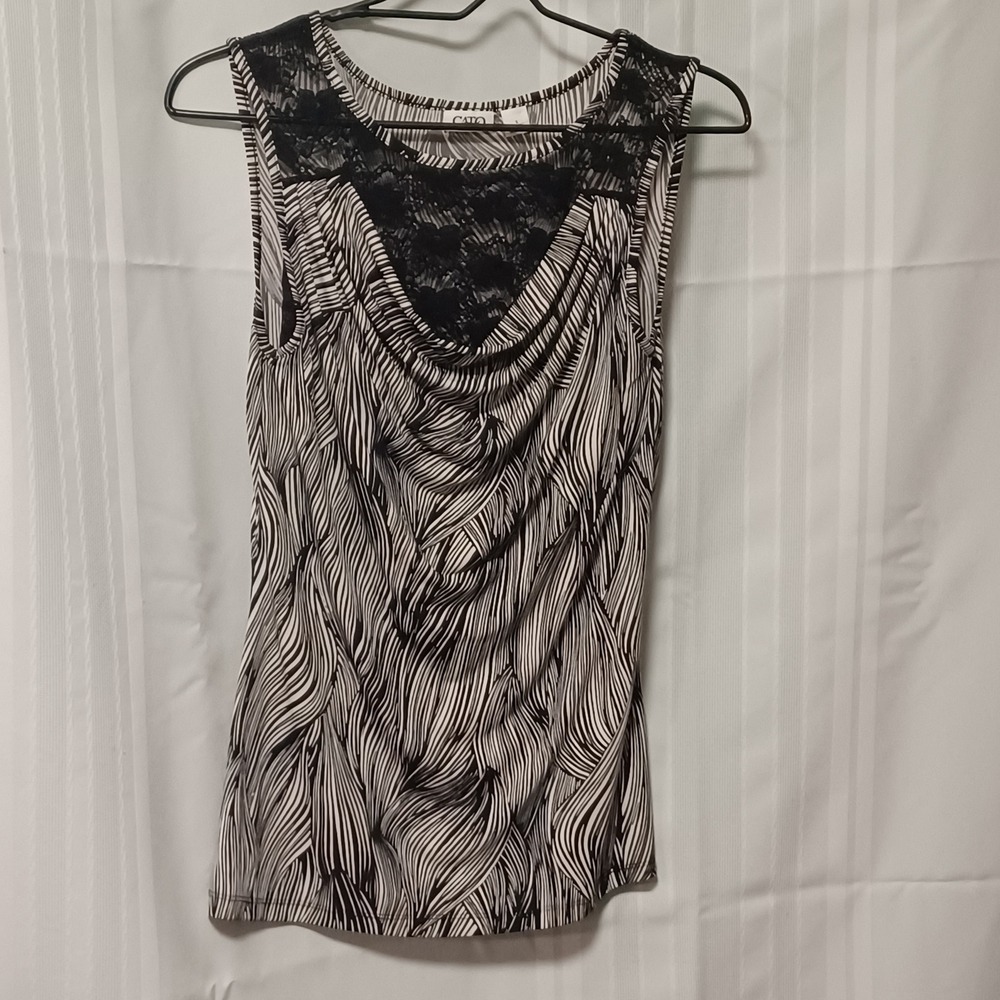 Cato Womens Small Black White Abstract Swirl Lace Trim Cowl Neck Sleeveless Top